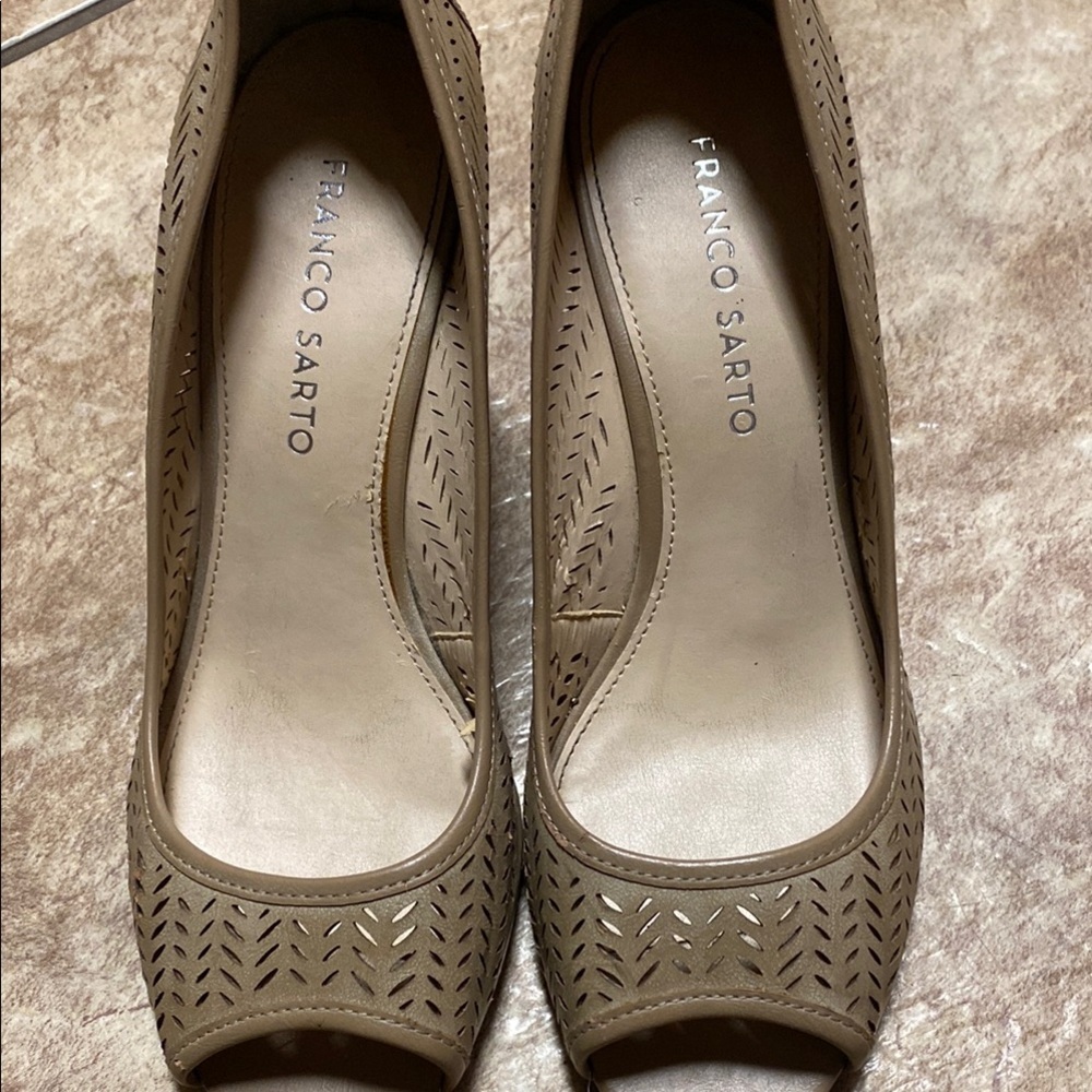 Franco Sarto Taupe Perforated Peep-Toe Wedge Flats
